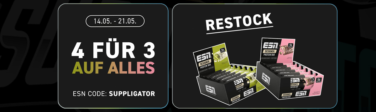 4 für 3 Aktion bei ESN mit Restock Designer Bars Pistachio & Strawberry Yogurt