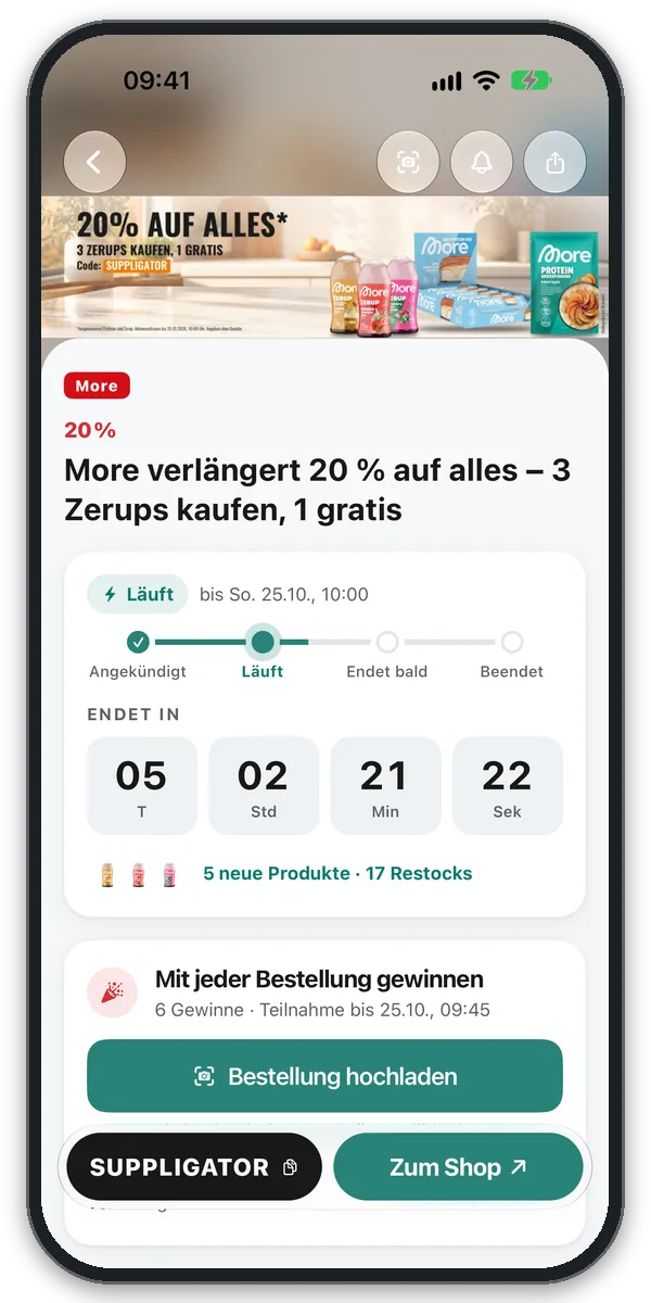 More-Aktion in der Suppligator App: Phase, Countdown, Code SUPPLIGATOR und „Zum Shop“