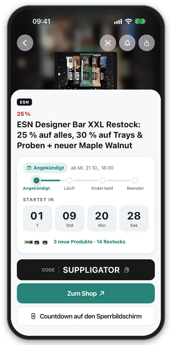 Angekündigte ESN-Aktion mit Countdown bis zum Start und Erinnerung über die Glocke