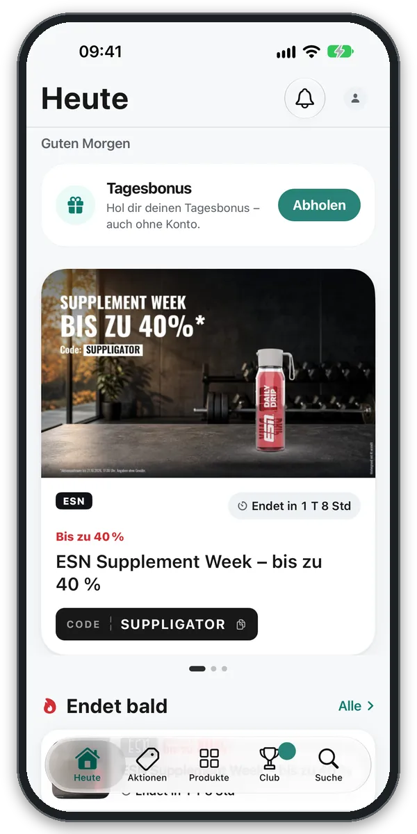 Heute-Seite der Suppligator App mit laufender Aktion und Code