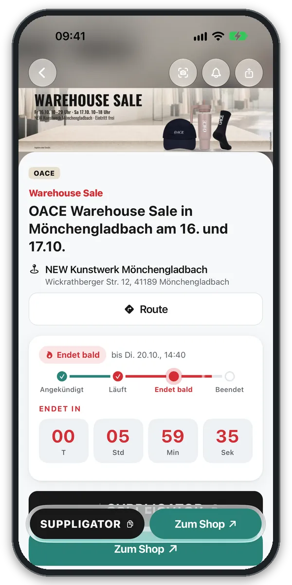 OACE Warehouse Sale als Vor-Ort-Event in der App: Ort, Adresse und Route