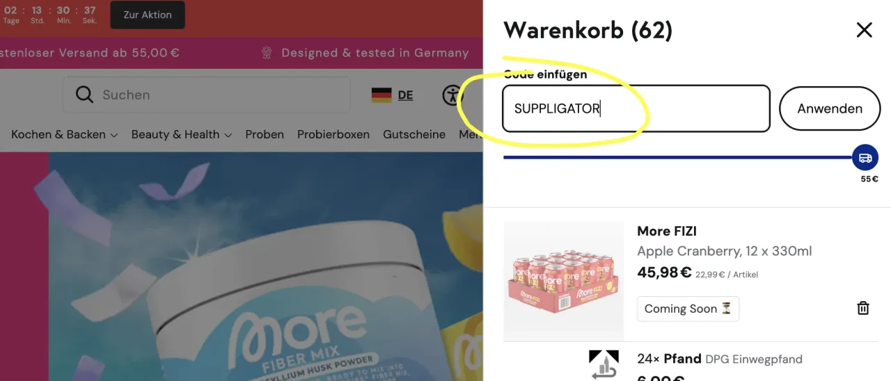 More Nutrition Code SUPPLIGATOR im Warenkorb-Feld einfügen und bestätigen